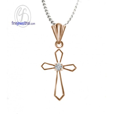 จี้เพชร จี้ไม้กางเขน จี้ทองสีชมพู จี้พิ้งค์โกลด์ เพชรแท้ พิ้งค์โกลด์แท้ P1021DPG